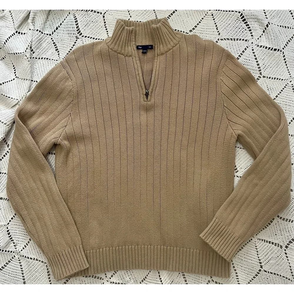100% Cotton Vintage GAP Tan Ribbed Half Zip‎ Sweater Mens L Warm 1/4 Zip Neutral